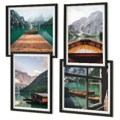 Multi-piece wall decor set featuring mountain landscapes, cottages, and boats