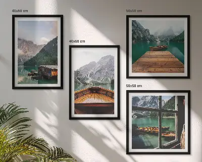 Multi-piece wall decor set featuring mountain landscapes, cottages, and boats