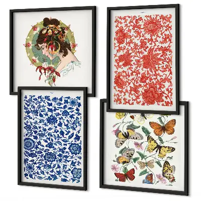 Multi-piece wall decor set featuring vintage flowers and butterflies