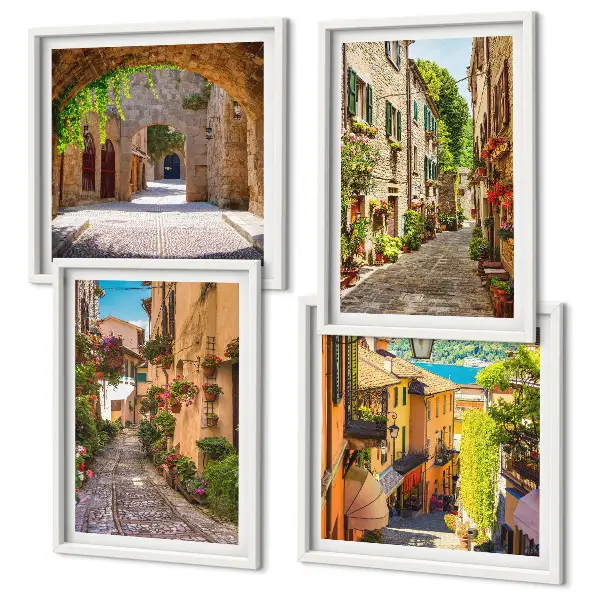 Wall art set featuring Italian streets with flowers and architecture