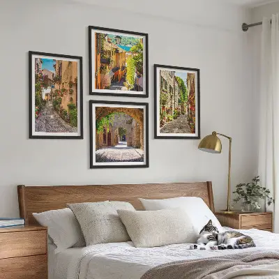 Wall art set featuring Italian streets with flowers and architecture