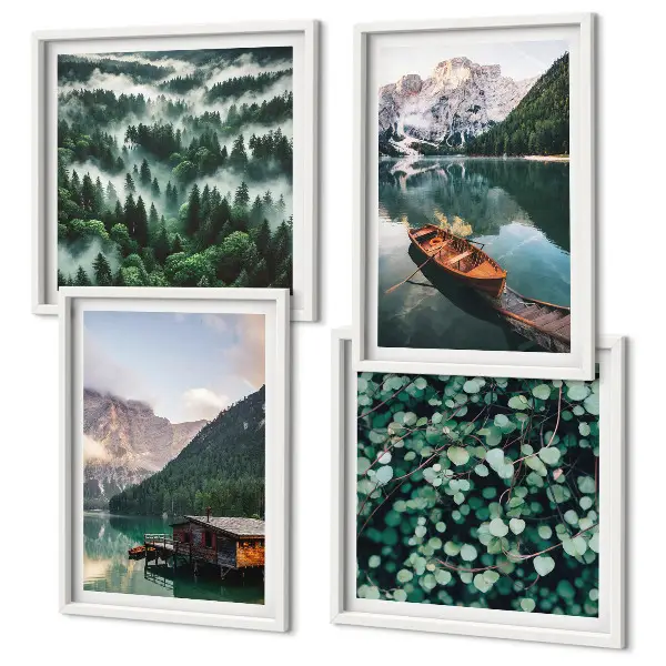 Multi-piece wall decor set mountain lake boat fog scene