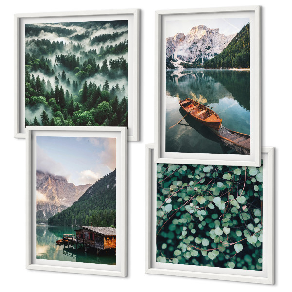 Multi-piece wall decor set Mountain lake boat fog