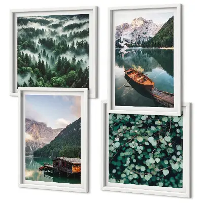 Multi-piece wall decor set mountain lake boat fog scene