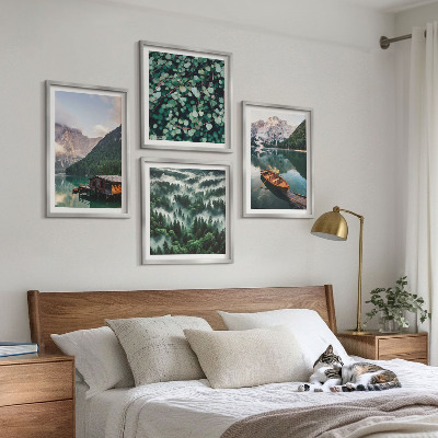 Multi-piece wall decor set Mountain lake boat fog