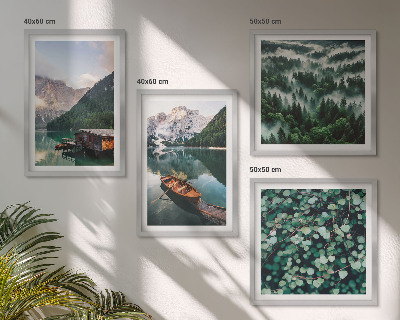 Multi-piece wall decor set Mountain lake boat fog