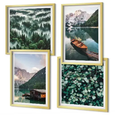 Multi-piece wall decor set mountain lake boat fog scene