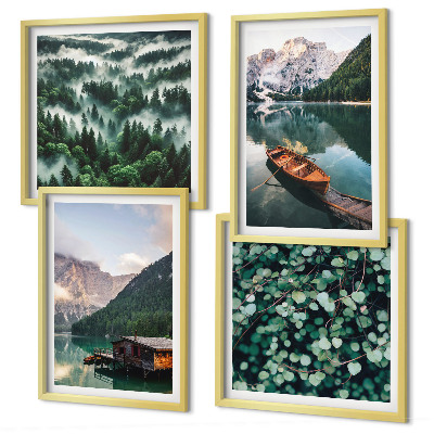 Multi-piece wall decor set Mountain lake boat fog