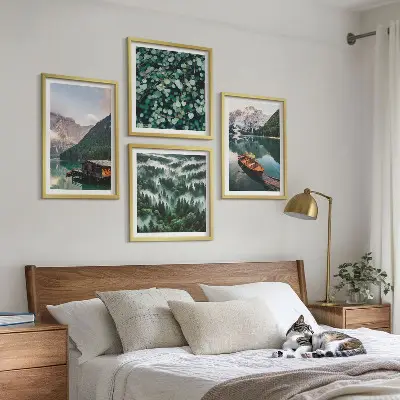 Multi-piece wall decor set mountain lake boat fog scene