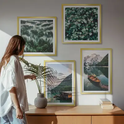 Multi-piece wall decor set mountain lake boat fog scene