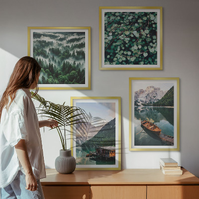 Multi-piece wall decor set Mountain lake boat fog