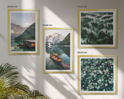 Multi-piece wall decor set Mountain lake boat fog