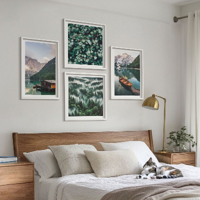 Multi-piece wall decor set Mountain lake boat fog
