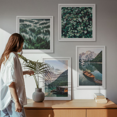 Multi-piece wall decor set Mountain lake boat fog