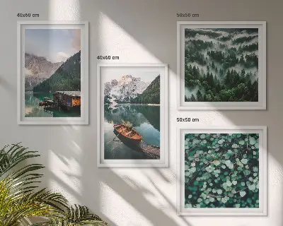 Multi-piece wall decor set mountain lake boat fog scene