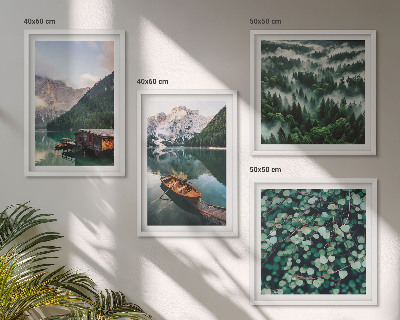 Multi-piece wall decor set Mountain lake boat fog
