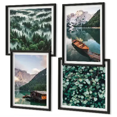 Multi-piece wall decor set mountain lake boat fog scene