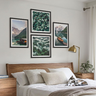 Multi-piece wall decor set Mountain lake boat fog