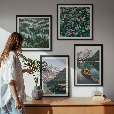 Multi-piece wall decor set Mountain lake boat fog