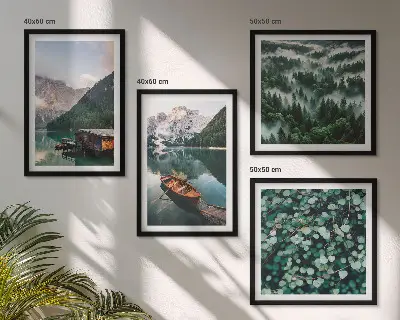 Multi-piece wall decor set mountain lake boat fog scene