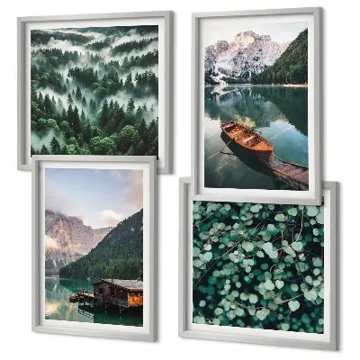 Multi-piece wall decor set mountain lake boat fog scene