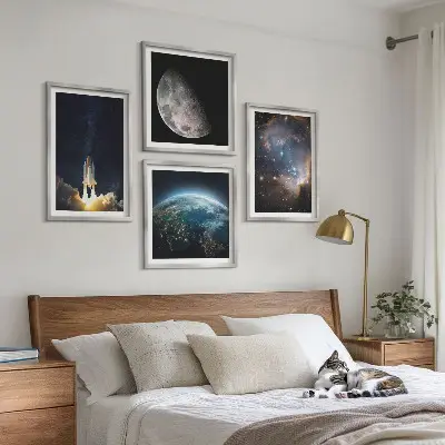 Wall art set featuring space earth rocket and galaxy