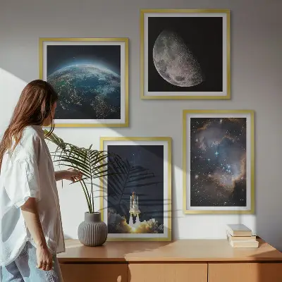 Wall art set featuring space earth rocket and galaxy