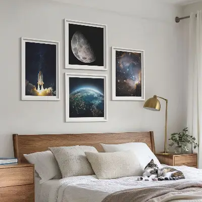 Wall art set featuring space earth rocket and galaxy