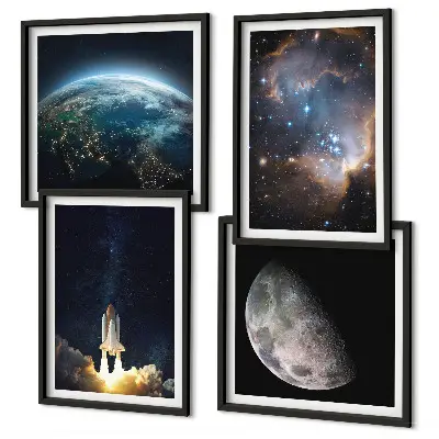 Wall art set featuring space earth rocket and galaxy