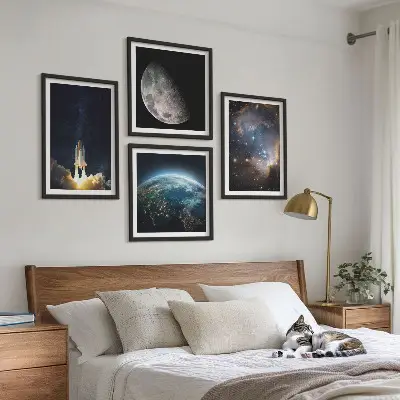 Wall art set featuring space earth rocket and galaxy