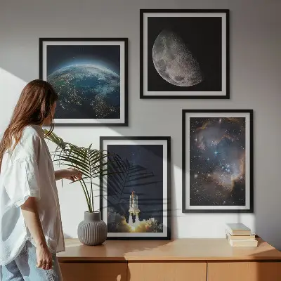Wall art set featuring space earth rocket and galaxy
