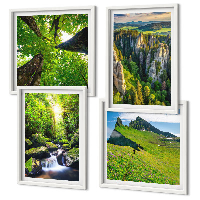 Set of 4 wall art pieces Green mountains waterfall forest