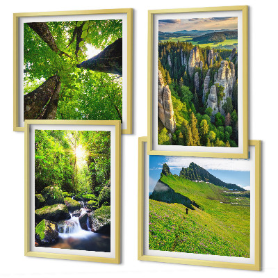 Set of 4 wall art pieces Green mountains waterfall forest