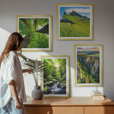 Set of 4 wall art pieces Green mountains waterfall forest