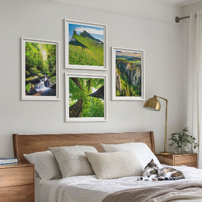 Set of 4 wall art pieces Green mountains waterfall forest