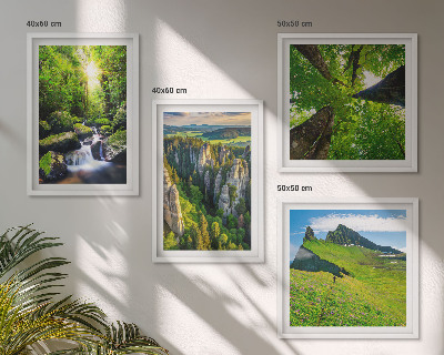 Set of 4 wall art pieces Green mountains waterfall forest