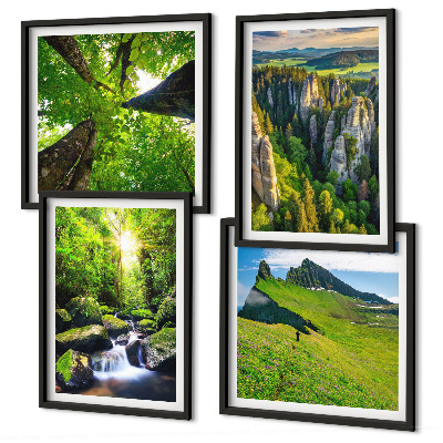 Set of 4 wall art pieces Green mountains waterfall forest