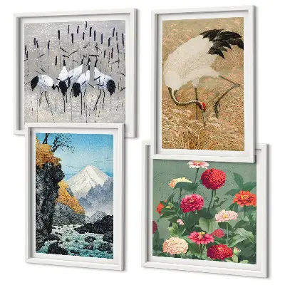 Set of 4 wall art pieces featuring mountains, a river, flowers, and cranes