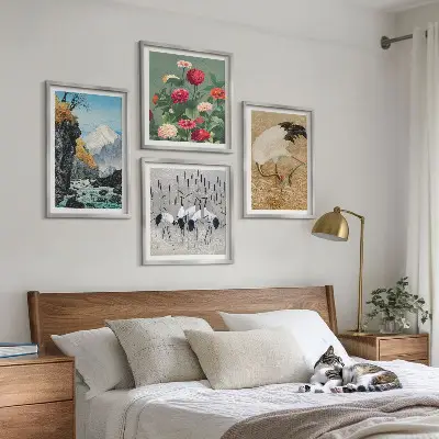 Set of 4 wall art pieces featuring mountains, a river, flowers, and cranes