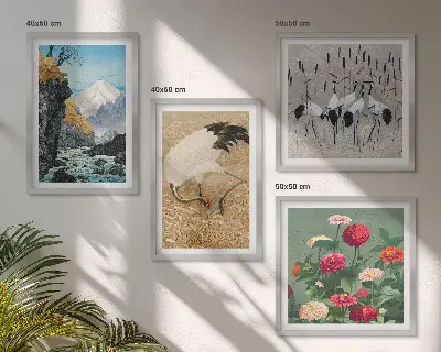 Set of 4 wall art pieces featuring mountains, a river, flowers, and cranes