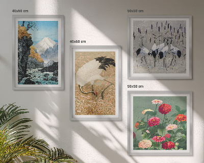 Set of 4 wall art pieces Mountains, river, flowers, cranes
