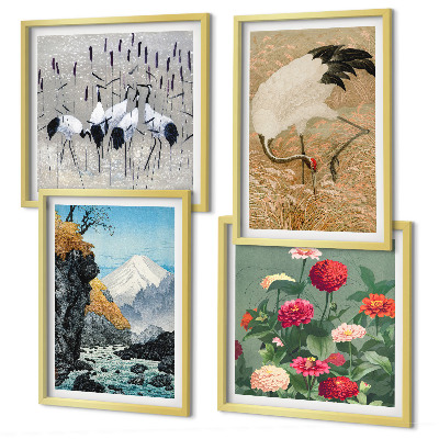 Set of 4 wall art pieces Mountains, river, flowers, cranes