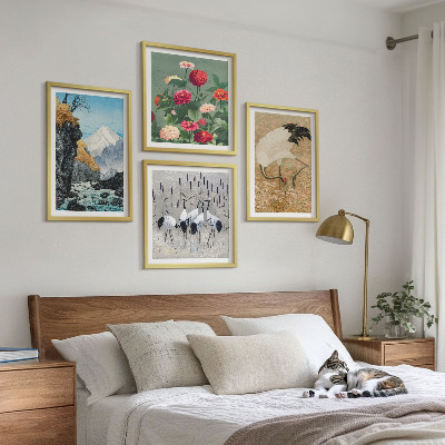 Set of 4 wall art pieces Mountains, river, flowers, cranes