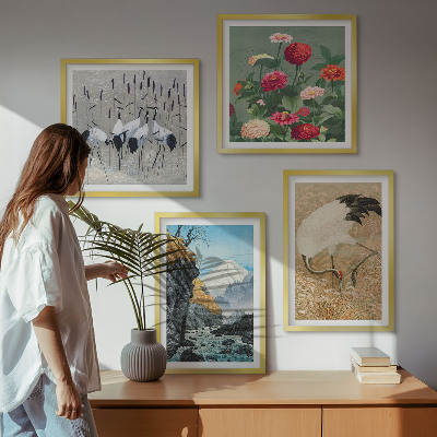 Set of 4 wall art pieces Mountains, river, flowers, cranes