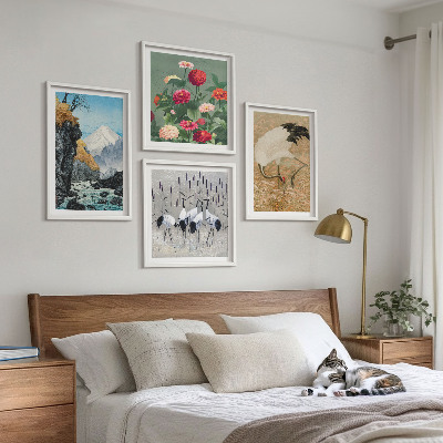Set of 4 wall art pieces Mountains, river, flowers, cranes