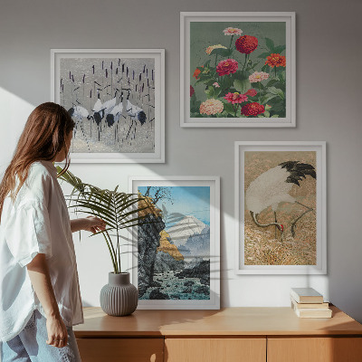 Set of 4 wall art pieces Mountains, river, flowers, cranes
