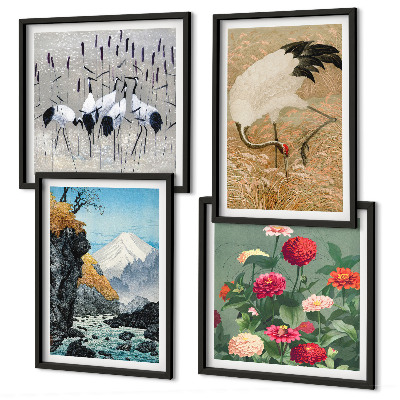 Set of 4 wall art pieces Mountains, river, flowers, cranes