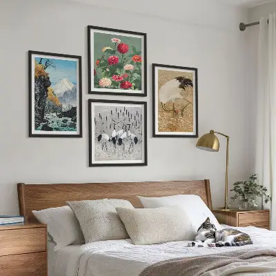Set of 4 wall art pieces featuring mountains, a river, flowers, and cranes