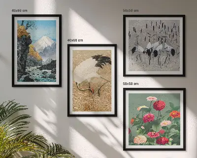 Set of 4 wall art pieces featuring mountains, a river, flowers, and cranes