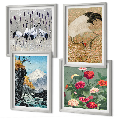 Set of 4 wall art pieces Mountains, river, flowers, cranes